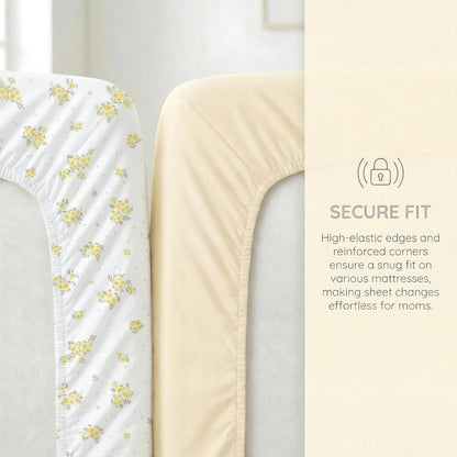 4 Pack Stretchy Bassinet Sheets 20" x 35" Compatible with Newton, Ezebaby, Angelbliss, AMKE(3 in 1) & Other Large Bedside Sleeper - Soft Breathable Fitted Bassinet Sheets - Light Floral Yellow