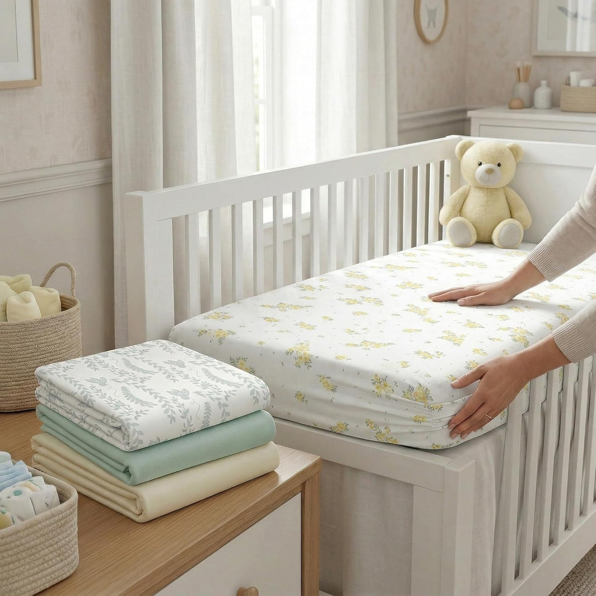 4 Pack Stretchy Bassinet Sheets 20" x 35" Compatible with Newton, Ezebaby, Angelbliss, AMKE(3 in 1) & Other Large Bedside Sleeper - Soft Breathable Fitted Bassinet Sheets - Light Floral Yellow