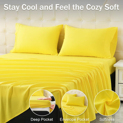 MICORAL Queen Bed Sheets Set, Soft Breathable Bedding Sheet Set, Sheets Set with 16" Deep Pocket Design (4 Pieces, Queen, Yellow)