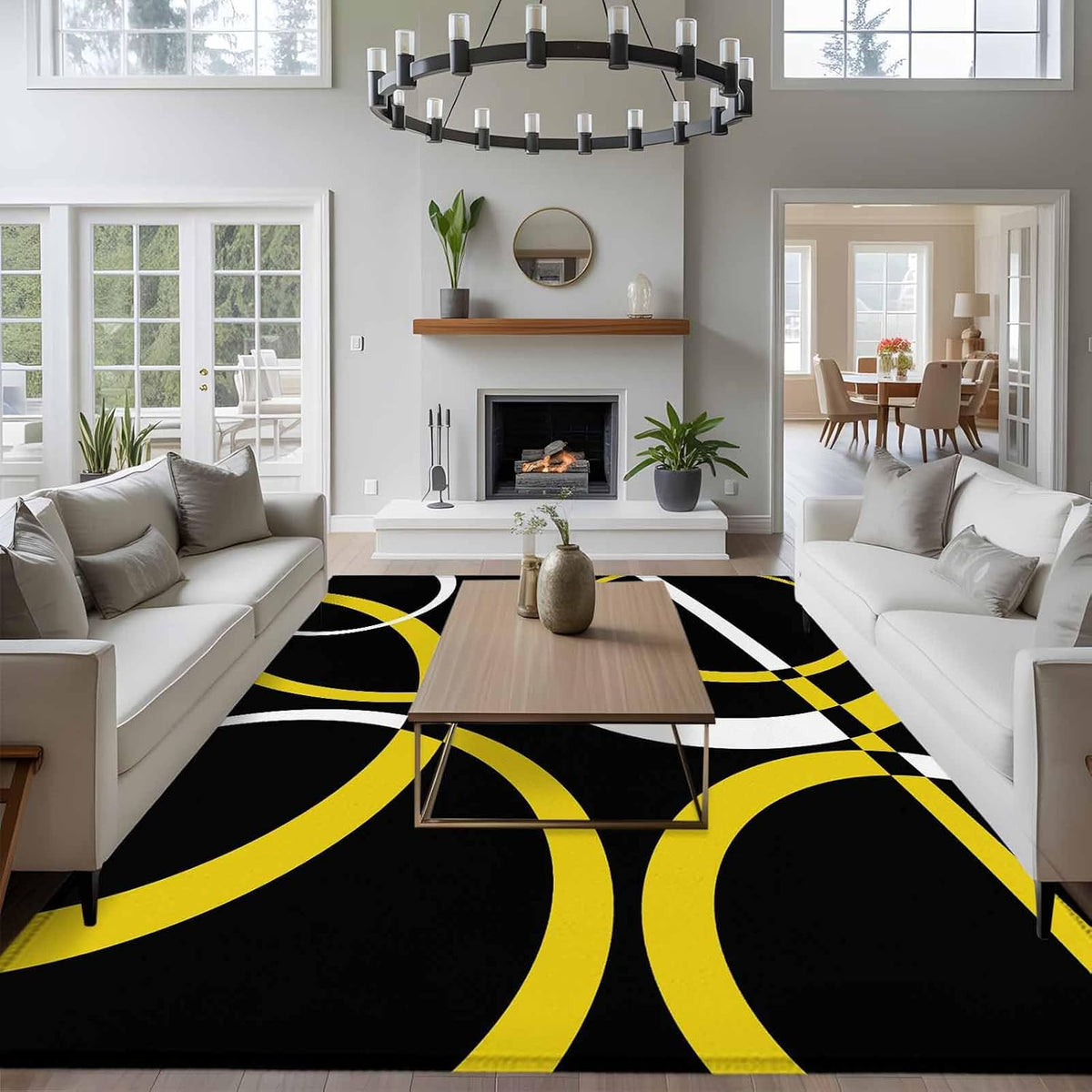Modern Abstract Art 5x7 Area Rug for Living Room Bedroom, Yellow White Geometric Circle Washable Rugs Absorbent Non-Slip Indoor Carpet for Dining Room Home Office Decor