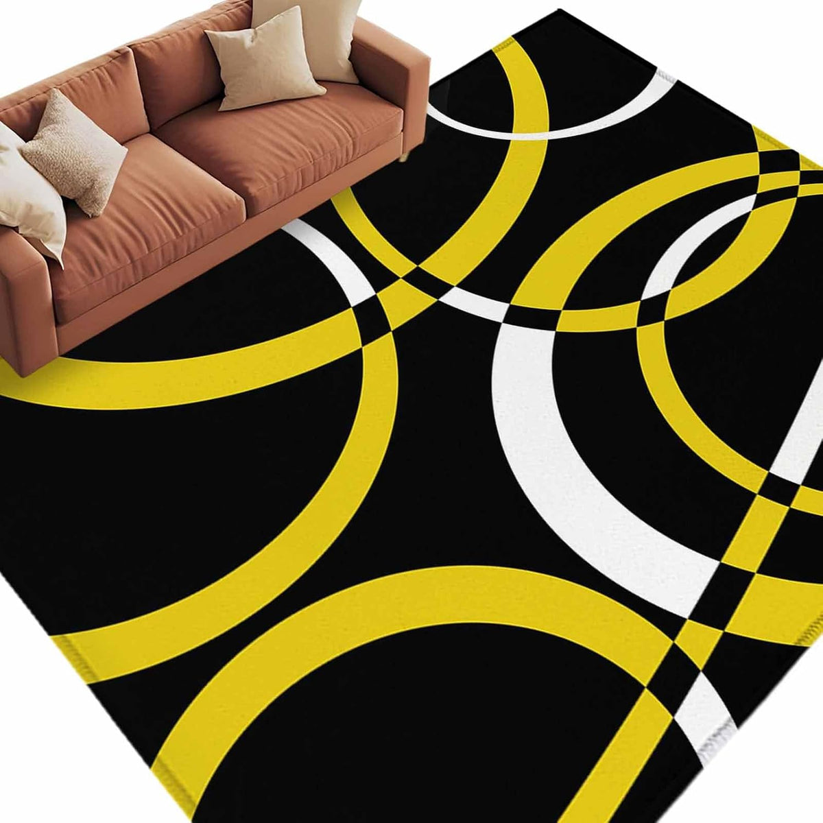 Modern Abstract Art 5x7 Area Rug for Living Room Bedroom, Yellow White Geometric Circle Washable Rugs Absorbent Non-Slip Indoor Carpet for Dining Room Home Office Decor