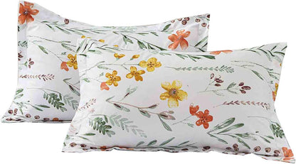 Floral Pillow Case Set (2 Pack), White Green Yellow Flower Leaf Spring Botanical Pattern Printed Farmhouse Soft Bedroom Decor Pillowcases/Pillow Shams - 20x30 inch Standard Queen Size