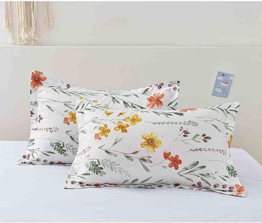 Floral Pillow Case Set (2 Pack), White Green Yellow Flower Leaf Spring Botanical Pattern Printed Farmhouse Soft Bedroom Decor Pillowcases/Pillow Shams - 20x30 inch Standard Queen Size