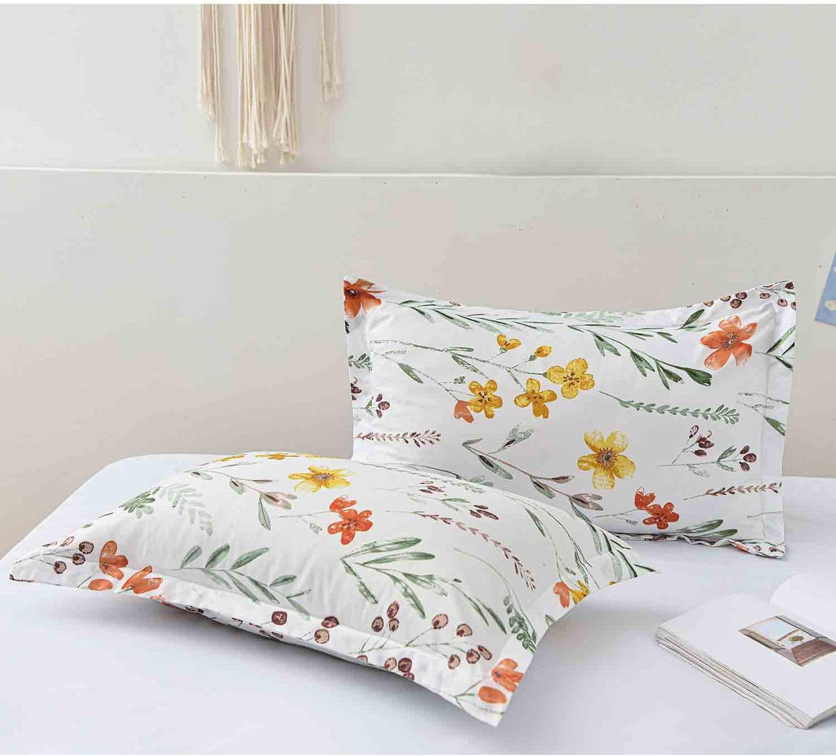 Floral Pillow Case Set (2 Pack), White Green Yellow Flower Leaf Spring Botanical Pattern Printed Farmhouse Soft Bedroom Decor Pillowcases/Pillow Shams - 20x30 inch Standard Queen Size