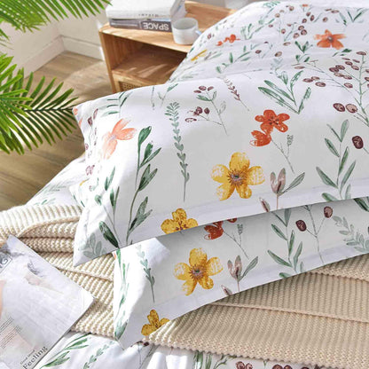 Floral Pillow Case Set (2 Pack), White Green Yellow Flower Leaf Spring Botanical Pattern Printed Farmhouse Soft Bedroom Decor Pillowcases/Pillow Shams - 20x30 inch Standard Queen Size