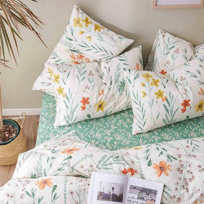 Floral Pillow Case Set (2 Pack), White Green Yellow Flower Leaf Spring Botanical Pattern Printed Farmhouse Soft Bedroom Decor Pillowcases/Pillow Shams - 20x30 inch Standard Queen Size