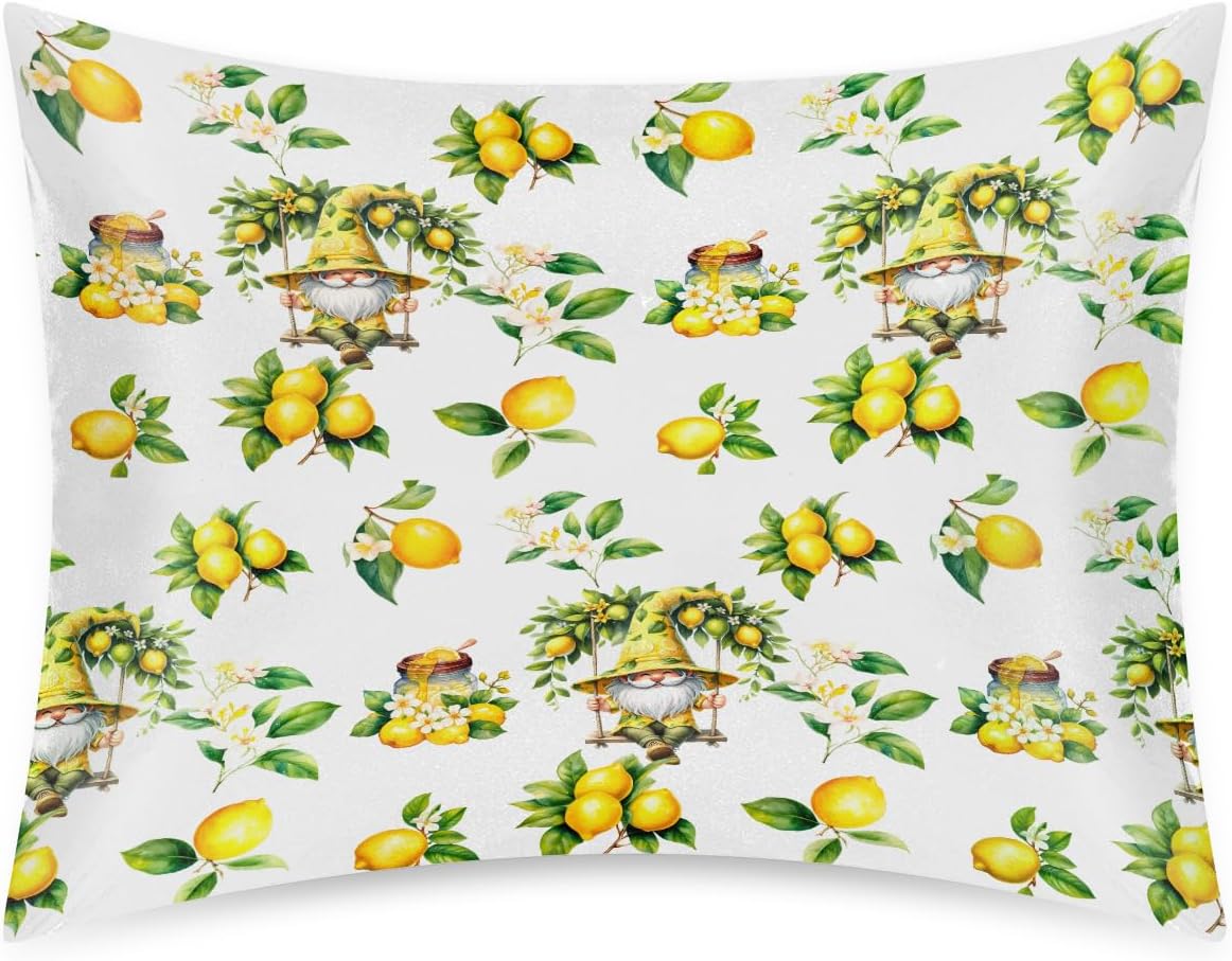 Satin Pillowcase for Hair and Skin Flower Yellow Lemon Soft Slip Cooling Pillow Covers with Hidden Zipper Standard Size Pillow Case for Bed Couch Women Men Kids Girls Boys 20x26in