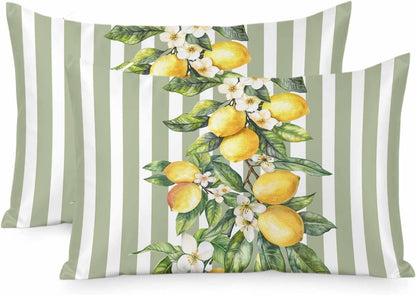 Retro Yellow Lemon Standard Pillowcase Set of 2, Sage Green Stripe Satin Pillow Case Cover with Smooth Hidden Zipper Closure, Soft Throw Pillow Covers Cases for Home Decoration 20 X 26 Inches