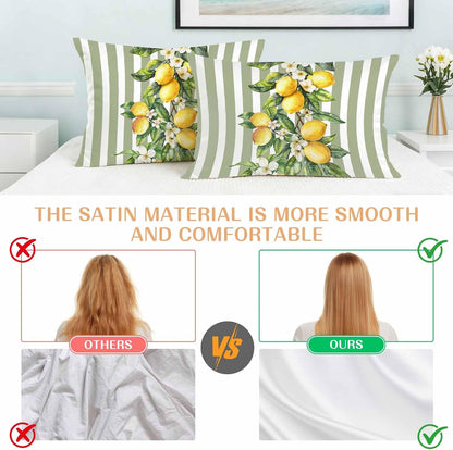Retro Yellow Lemon Standard Pillowcase Set of 2, Sage Green Stripe Satin Pillow Case Cover with Smooth Hidden Zipper Closure, Soft Throw Pillow Covers Cases for Home Decoration 20 X 26 Inches