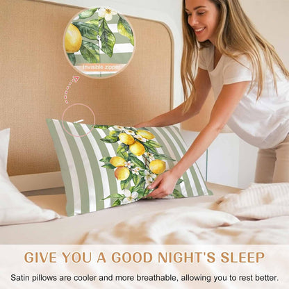 Retro Yellow Lemon Standard Pillowcase Set of 2, Sage Green Stripe Satin Pillow Case Cover with Smooth Hidden Zipper Closure, Soft Throw Pillow Covers Cases for Home Decoration 20 X 26 Inches