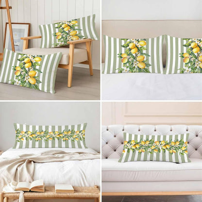 Retro Yellow Lemon Standard Pillowcase Set of 2, Sage Green Stripe Satin Pillow Case Cover with Smooth Hidden Zipper Closure, Soft Throw Pillow Covers Cases for Home Decoration 20 X 26 Inches