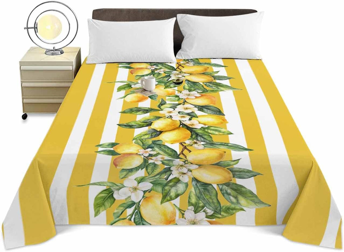 Twin Size Top Sheet Only, Classical Yellow Stripes Lemon Flat Sheet Microfiber Breathable Soft Bed Sheet, Retro Vertical Bar Arrangement Hotel Bedding Flat Sheets for Bedroom