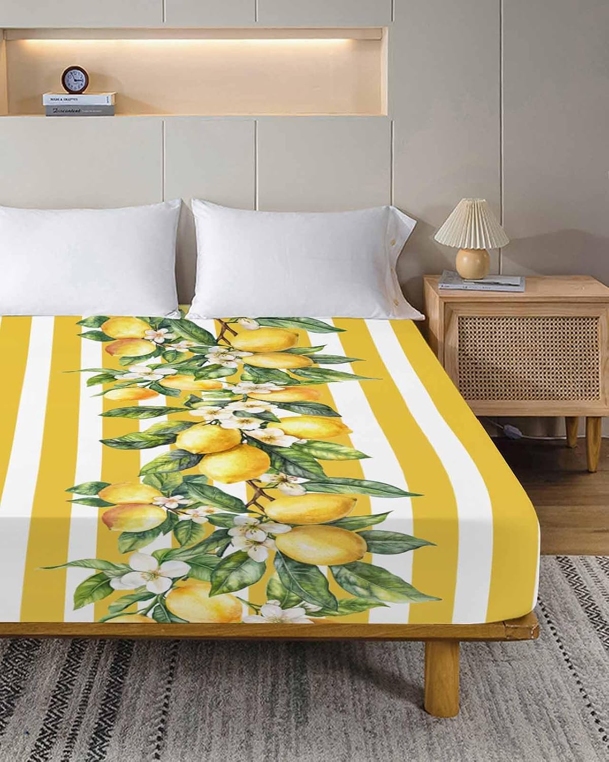 Twin Size Top Sheet Only, Classical Yellow Stripes Lemon Flat Sheet Microfiber Breathable Soft Bed Sheet, Retro Vertical Bar Arrangement Hotel Bedding Flat Sheets for Bedroom