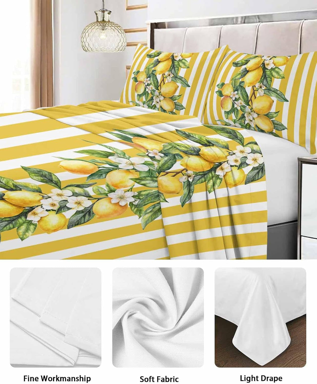 Twin Size Top Sheet Only, Classical Yellow Stripes Lemon Flat Sheet Microfiber Breathable Soft Bed Sheet, Retro Vertical Bar Arrangement Hotel Bedding Flat Sheets for Bedroom
