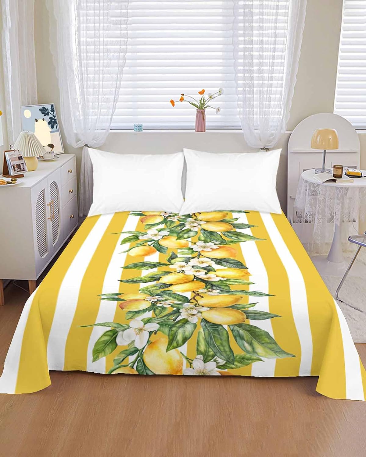 Twin Size Top Sheet Only, Classical Yellow Stripes Lemon Flat Sheet Microfiber Breathable Soft Bed Sheet, Retro Vertical Bar Arrangement Hotel Bedding Flat Sheets for Bedroom