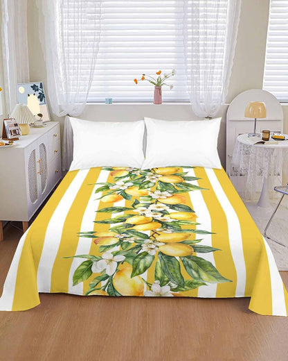 Twin Size Top Sheet Only, Classical Yellow Stripes Lemon Flat Sheet Microfiber Breathable Soft Bed Sheet, Retro Vertical Bar Arrangement Hotel Bedding Flat Sheets for Bedroom