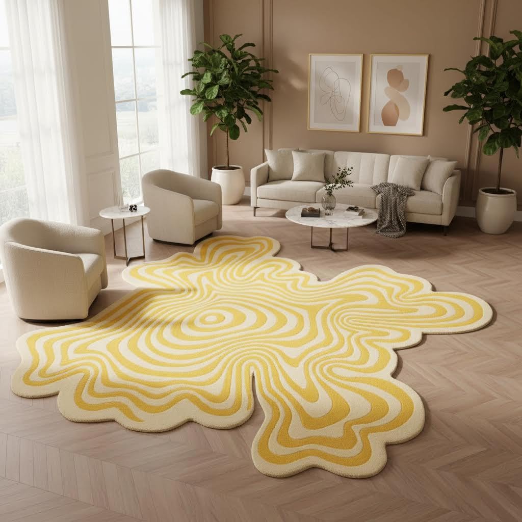 Vibrant Chic Organic Modern Yellow and Beige Odd Shaped Rugs 3x3 3D Illusion Striped Low Pile Mats for Dining Room Bedroom Livingroom Nursery Dorm Office Pets Friendly Soft Square Carpets