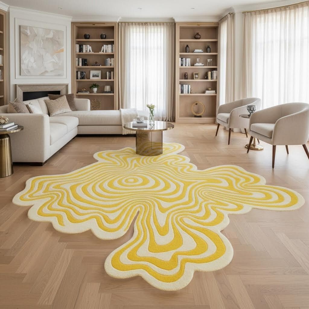 Vibrant Chic Organic Modern Yellow and Beige Odd Shaped Rugs 3x3 3D Illusion Striped Low Pile Mats for Dining Room Bedroom Livingroom Nursery Dorm Office Pets Friendly Soft Square Carpets