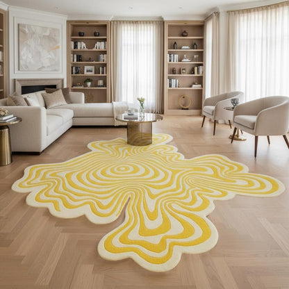 Vibrant Chic Organic Modern Yellow and Beige Odd Shaped Rugs 3x3 3D Illusion Striped Low Pile Mats for Dining Room Bedroom Livingroom Nursery Dorm Office Pets Friendly Soft Square Carpets