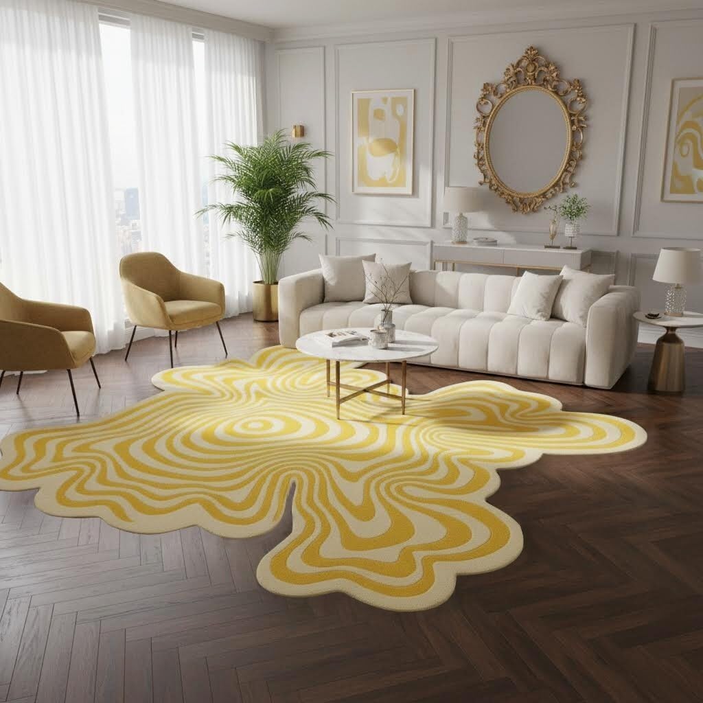 Vibrant Chic Organic Modern Yellow and Beige Odd Shaped Rugs 3x3 3D Illusion Striped Low Pile Mats for Dining Room Bedroom Livingroom Nursery Dorm Office Pets Friendly Soft Square Carpets