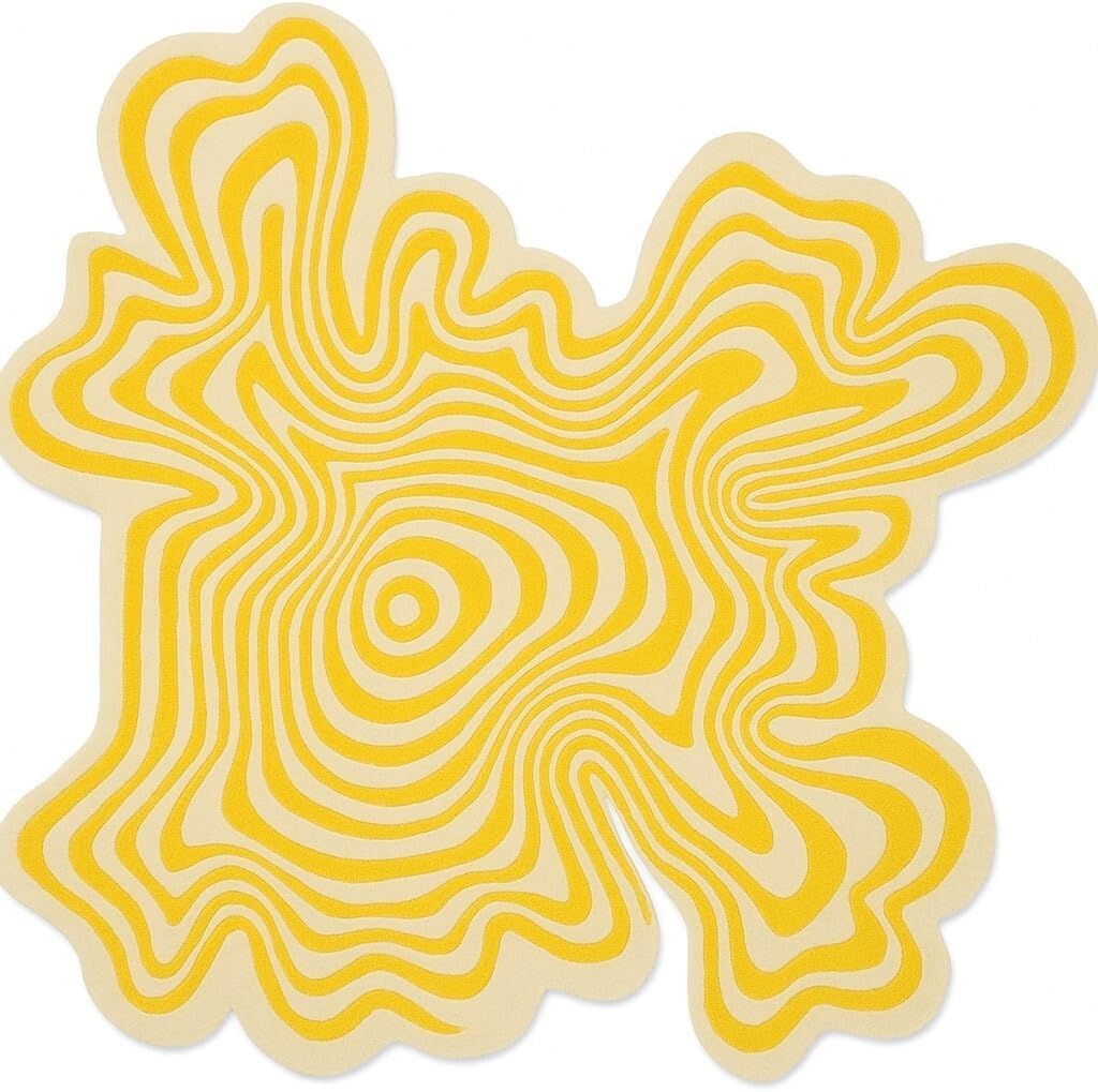 Vibrant Chic Organic Modern Yellow and Beige Odd Shaped Rugs 3x3 3D Illusion Striped Low Pile Mats for Dining Room Bedroom Livingroom Nursery Dorm Office Pets Friendly Soft Square Carpets