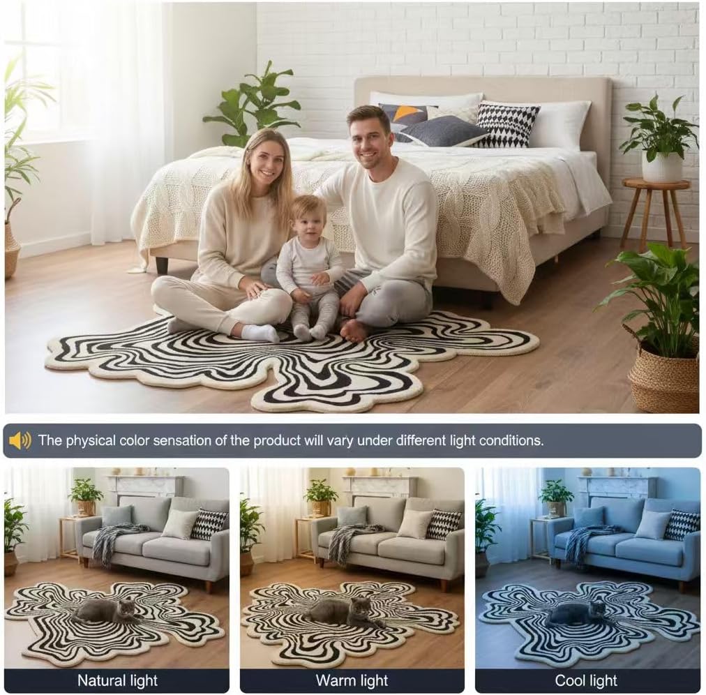 Vibrant Chic Organic Modern Yellow and Beige Odd Shaped Rugs 3x3 3D Illusion Striped Low Pile Mats for Dining Room Bedroom Livingroom Nursery Dorm Office Pets Friendly Soft Square Carpets