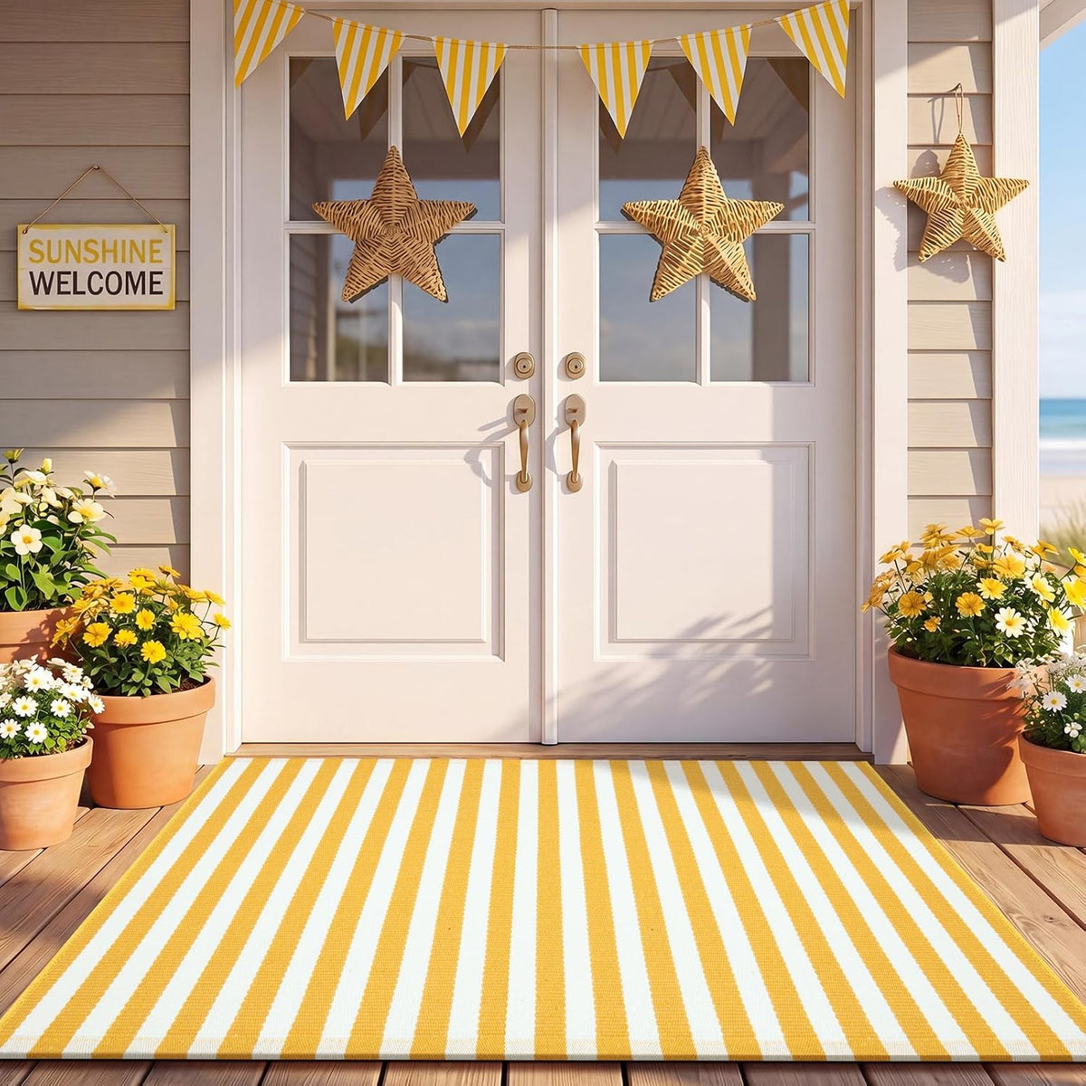 3' X 5' Yellow and White Fall Vertical Stripe Outdoor Rug