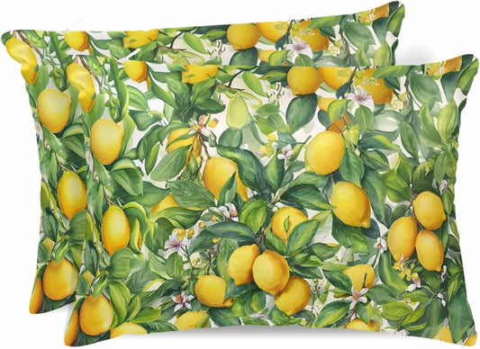 Satin Pillowcases Standard Size, Summer Lemon Silk Pillow Cases for Hair and Skin with Zipper 2 Pack, Watercolor Yellow Fruits Green Leaves Smooth Throw Pillow Covers for Sleeping, 20"x26"