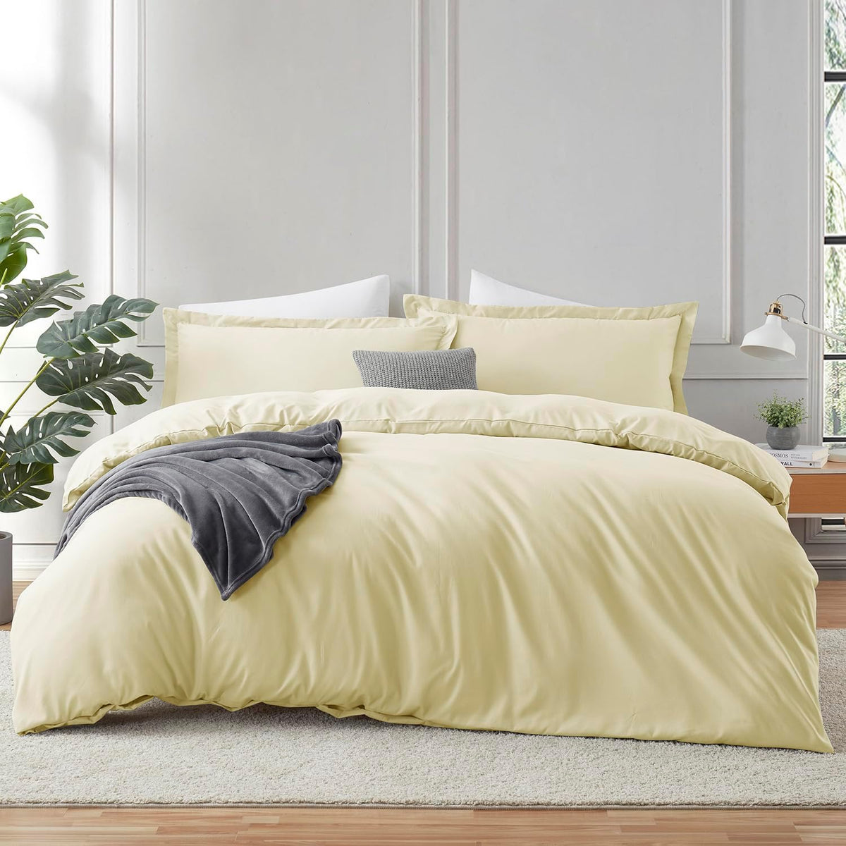 Vanilla Yellow Duvet Cover Queen Size 3 Piece Set | Soft Double Brushed Bedding Set, Button Closure, 1 Duvet Cover 90x90 Inches, 2 Pillow Shams