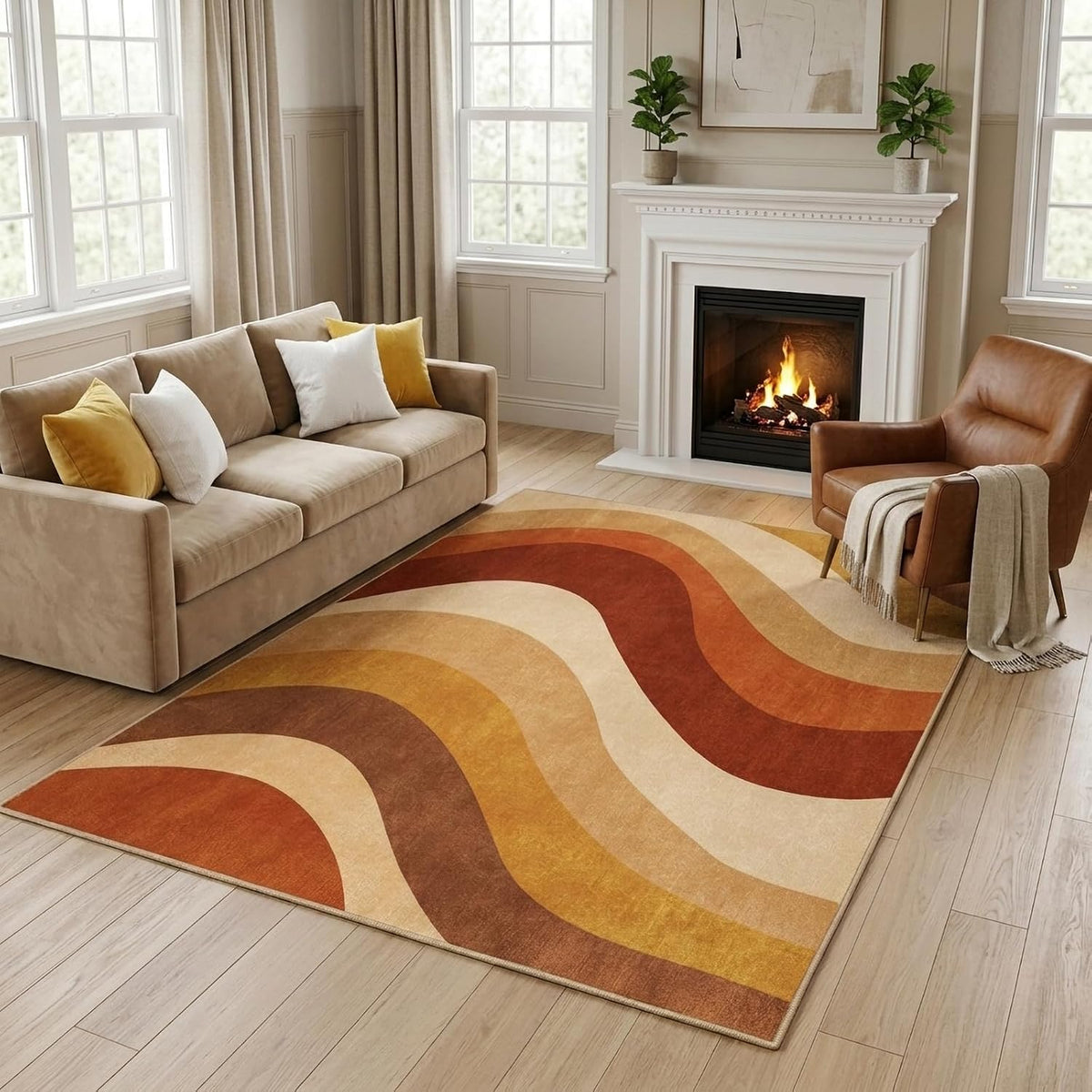 5x7 Burnt Orange and Mustard Abstract Wavy Washable Area Rug