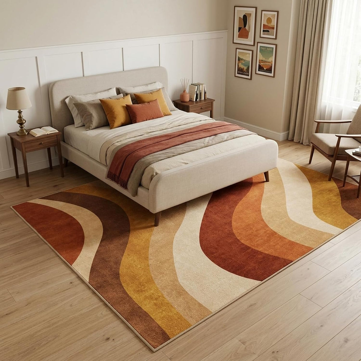 5x7 Burnt Orange and Mustard Abstract Wavy Washable Area Rug