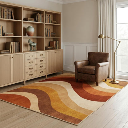5x7 Burnt Orange and Mustard Abstract Wavy Washable Area Rug