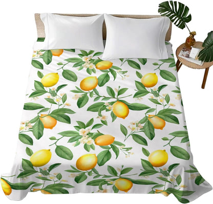 Flat Sheet, 1 Piece Top Sheet Twin Size Yellow Lemon Leaves Soft Breathable Bed Sheet White Floral Brushed Microfiber Bed Sheet, Wrinkle Resistant, Fade Resistant Bedding