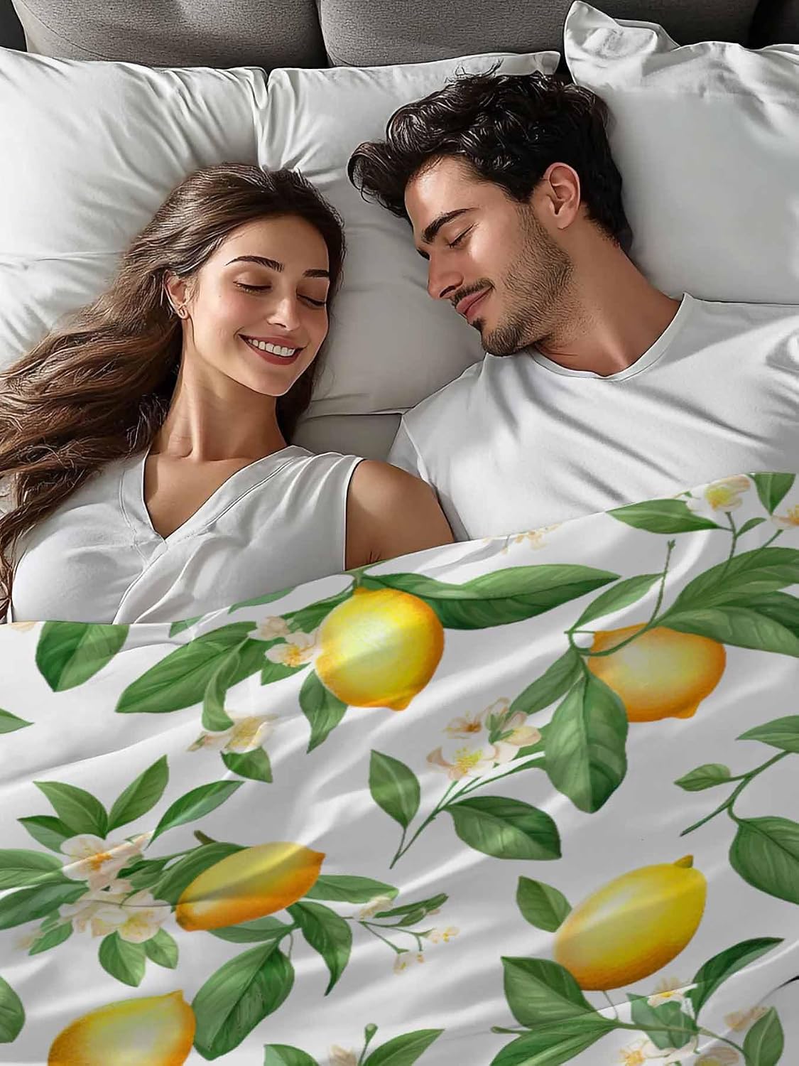 Flat Sheet, 1 Piece Top Sheet Twin Size Yellow Lemon Leaves Soft Breathable Bed Sheet White Floral Brushed Microfiber Bed Sheet, Wrinkle Resistant, Fade Resistant Bedding