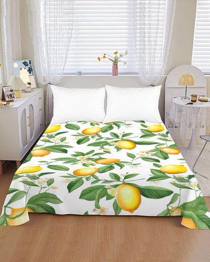 Flat Sheet, 1 Piece Top Sheet Twin Size Yellow Lemon Leaves Soft Breathable Bed Sheet White Floral Brushed Microfiber Bed Sheet, Wrinkle Resistant, Fade Resistant Bedding