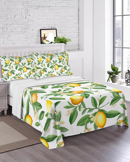 Flat Sheet, 1 Piece Top Sheet Twin Size Yellow Lemon Leaves Soft Breathable Bed Sheet White Floral Brushed Microfiber Bed Sheet, Wrinkle Resistant, Fade Resistant Bedding