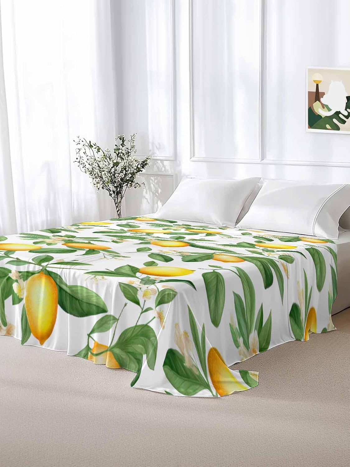 Flat Sheet, 1 Piece Top Sheet Twin Size Yellow Lemon Leaves Soft Breathable Bed Sheet White Floral Brushed Microfiber Bed Sheet, Wrinkle Resistant, Fade Resistant Bedding