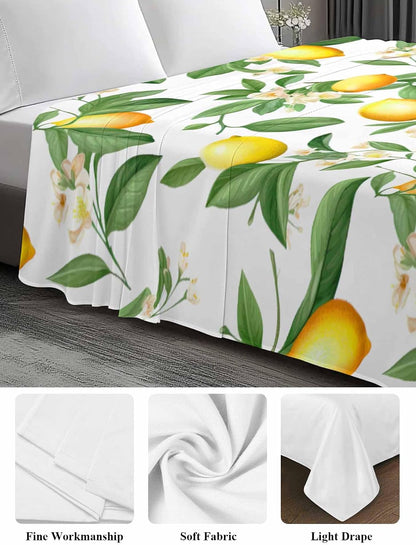 Flat Sheet, 1 Piece Top Sheet Twin Size Yellow Lemon Leaves Soft Breathable Bed Sheet White Floral Brushed Microfiber Bed Sheet, Wrinkle Resistant, Fade Resistant Bedding