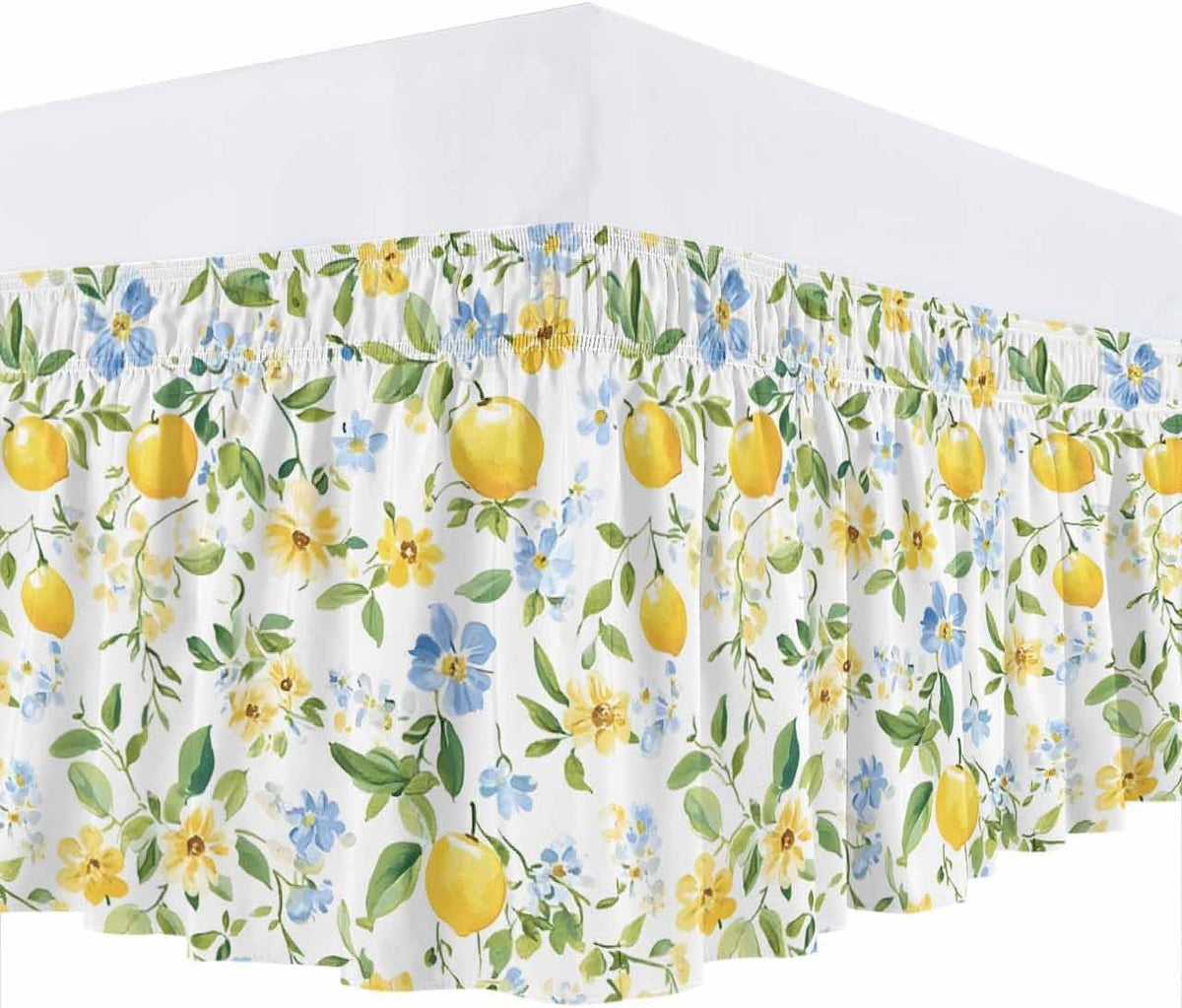 Bed Skirt Lemon Yellow Flowers Ruffle Bed Skirt Wrap Around Bed Skirts for Queen Beds 16" Drop,Adjustable Elastic Dust Ruffles Easy Fit and Wrinkle-Free