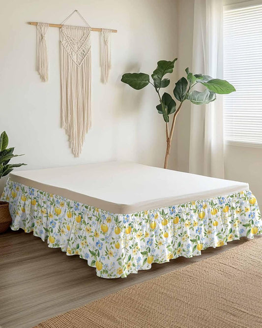 Bed Skirt Lemon Yellow Flowers Ruffle Bed Skirt Wrap Around Bed Skirts for Queen Beds 16" Drop,Adjustable Elastic Dust Ruffles Easy Fit and Wrinkle-Free