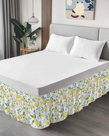 Bed Skirt Lemon Yellow Flowers Ruffle Bed Skirt Wrap Around Bed Skirts for Queen Beds 16" Drop,Adjustable Elastic Dust Ruffles Easy Fit and Wrinkle-Free