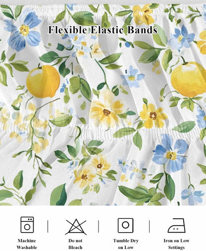 Bed Skirt Lemon Yellow Flowers Ruffle Bed Skirt Wrap Around Bed Skirts for Queen Beds 16" Drop,Adjustable Elastic Dust Ruffles Easy Fit and Wrinkle-Free