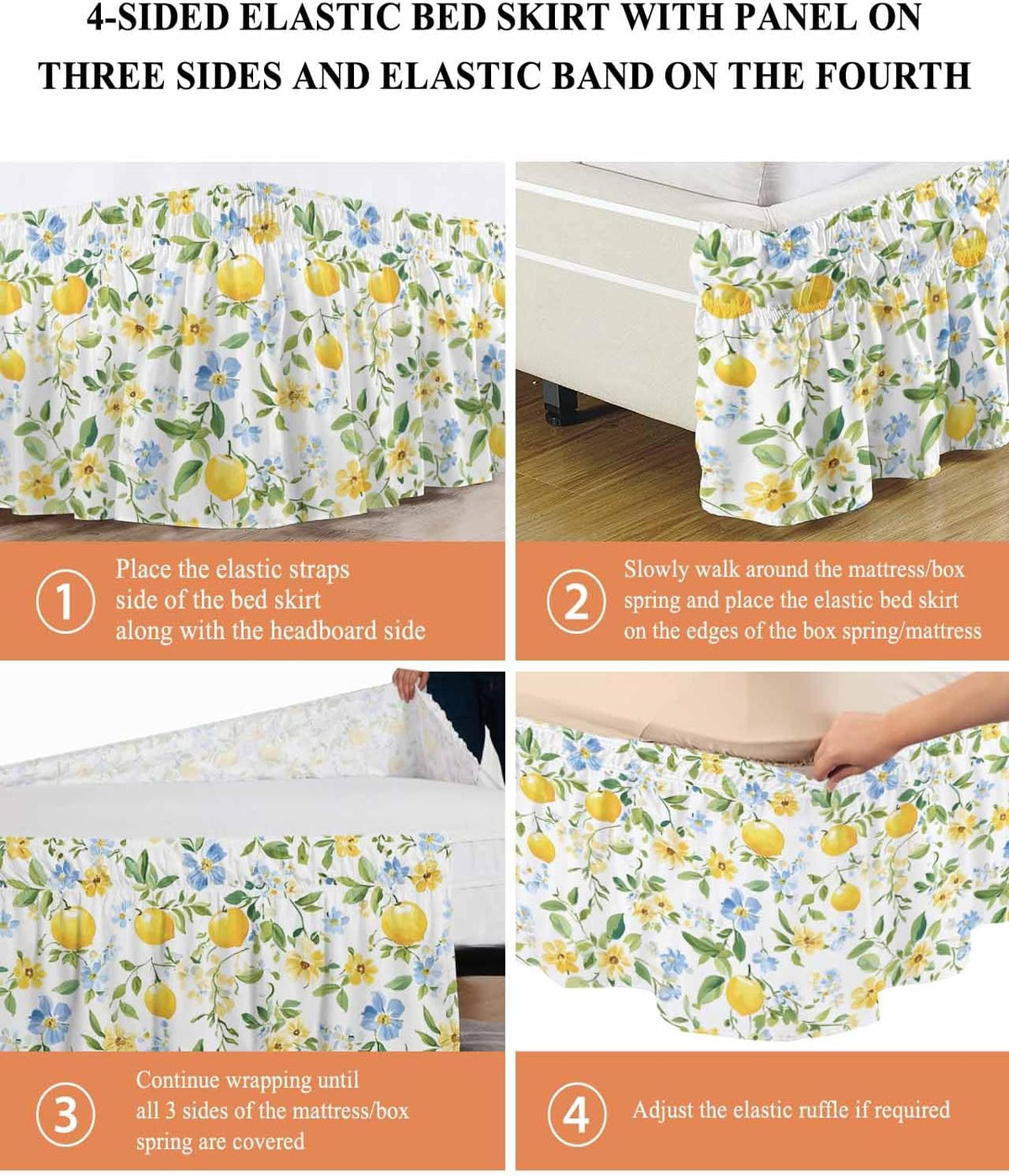 Bed Skirt Lemon Yellow Flowers Ruffle Bed Skirt Wrap Around Bed Skirts for Queen Beds 16" Drop,Adjustable Elastic Dust Ruffles Easy Fit and Wrinkle-Free