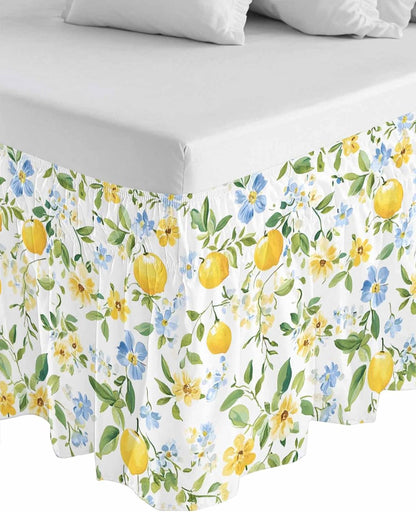 Bed Skirt Lemon Yellow Flowers Ruffle Bed Skirt Wrap Around Bed Skirts for Queen Beds 16" Drop,Adjustable Elastic Dust Ruffles Easy Fit and Wrinkle-Free