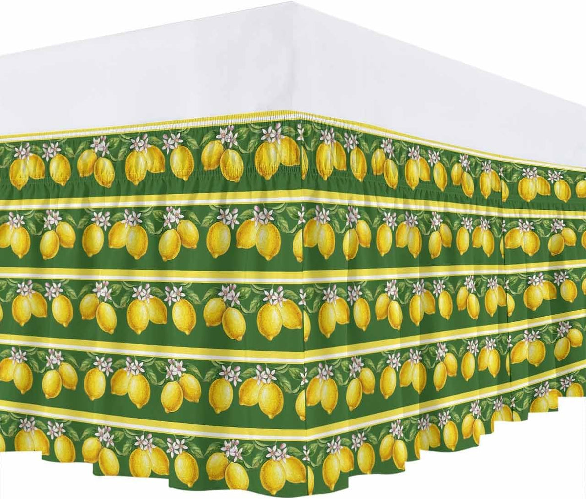 Summer Lemons Bed Skirt Queen Size 16" Drop Yellow Fruit Leaf Striped Green Background Ruffled Wrap Around Bed Skirts Adjustable Elastic Bedskirt Dust Ruffle for Queen King California King Bed