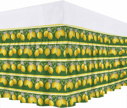 Summer Lemons Bed Skirt Queen Size 16" Drop Yellow Fruit Leaf Striped Green Background Ruffled Wrap Around Bed Skirts Adjustable Elastic Bedskirt Dust Ruffle for Queen King California King Bed