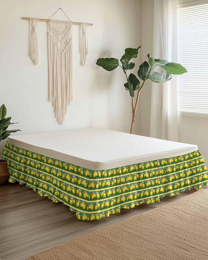 Summer Lemons Bed Skirt Queen Size 16" Drop Yellow Fruit Leaf Striped Green Background Ruffled Wrap Around Bed Skirts Adjustable Elastic Bedskirt Dust Ruffle for Queen King California King Bed
