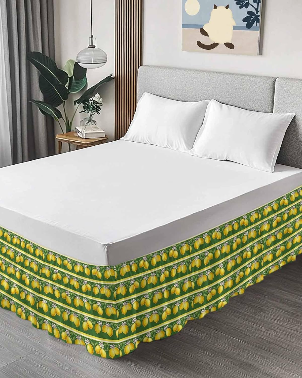 Summer Lemons Bed Skirt Queen Size 16" Drop Yellow Fruit Leaf Striped Green Background Ruffled Wrap Around Bed Skirts Adjustable Elastic Bedskirt Dust Ruffle for Queen King California King Bed