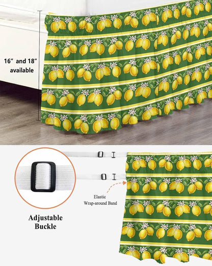Summer Lemons Bed Skirt Queen Size 16" Drop Yellow Fruit Leaf Striped Green Background Ruffled Wrap Around Bed Skirts Adjustable Elastic Bedskirt Dust Ruffle for Queen King California King Bed