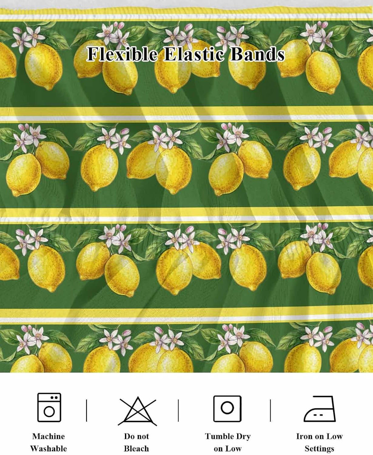 Summer Lemons Bed Skirt Queen Size 16" Drop Yellow Fruit Leaf Striped Green Background Ruffled Wrap Around Bed Skirts Adjustable Elastic Bedskirt Dust Ruffle for Queen King California King Bed